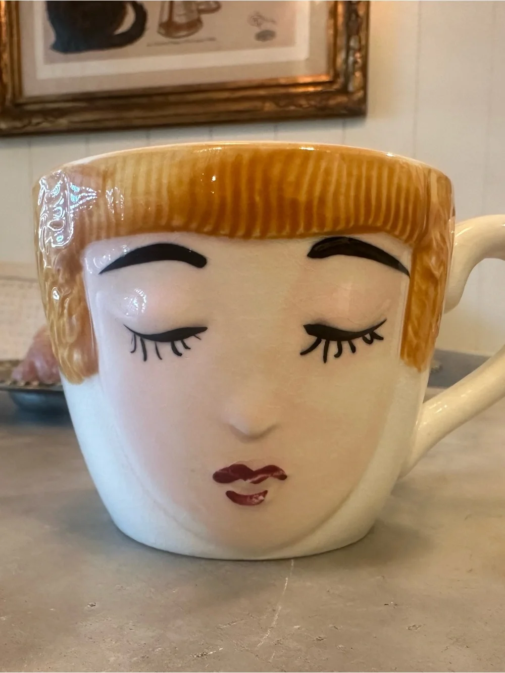 Hand painted Antique Ceramic Face Mug with Woman’s Face Design, “for mom only”